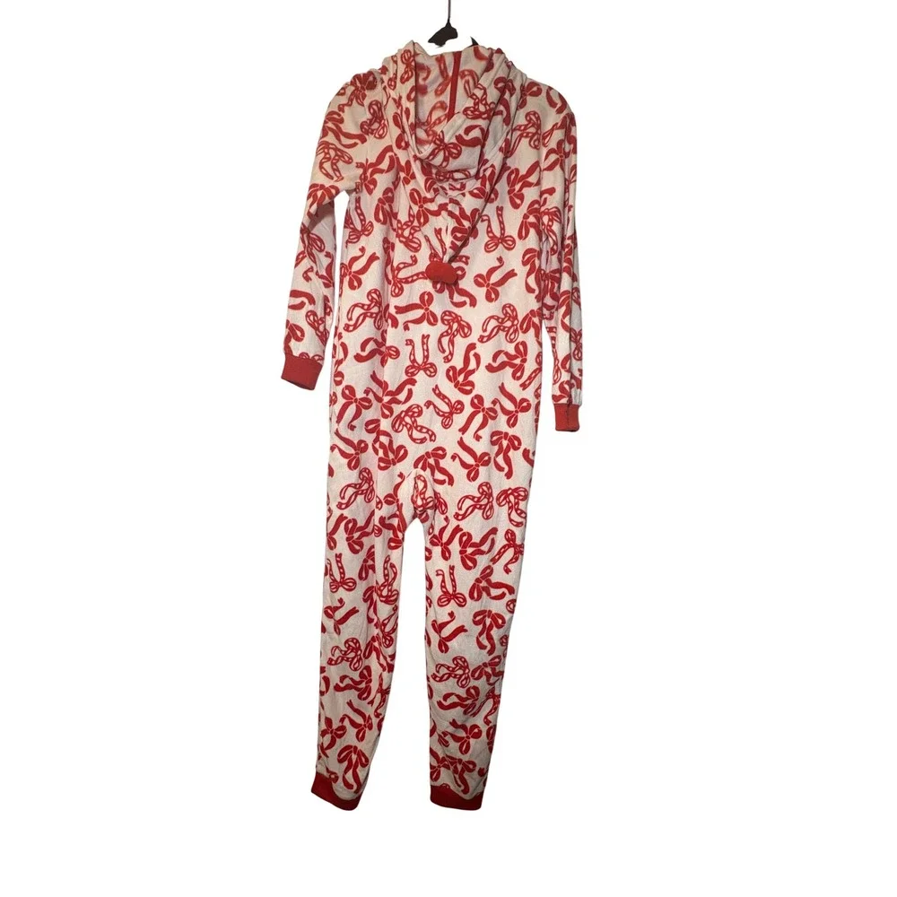 Cat & Jack NWT Girls XL/14 Hooded Union Red/White Candy Cane Bow Fleece Pajamas